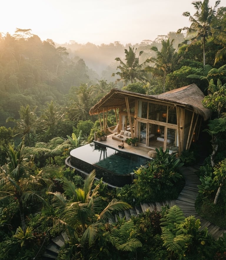Cinematic photography of a minimalist bamboo villa integrated into the lush Ubud jungle, soft morning mist, golden hour light, 35mm lens