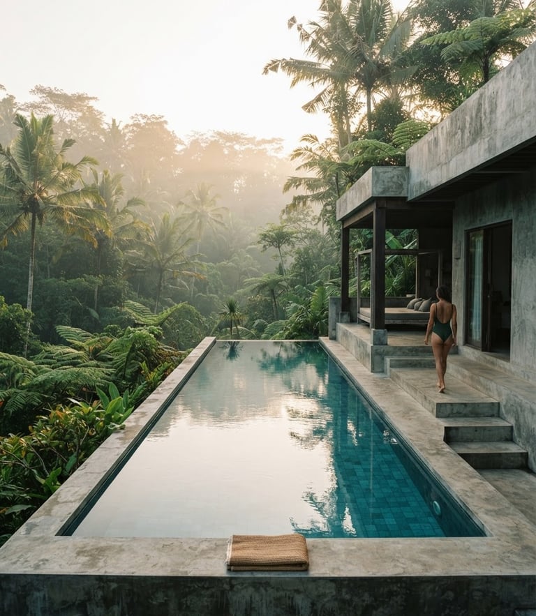 A serene minimalist concrete villa pool in Ubud surrounded by lush tropical palms, morning mist, golden hour lighting, 35mm lens