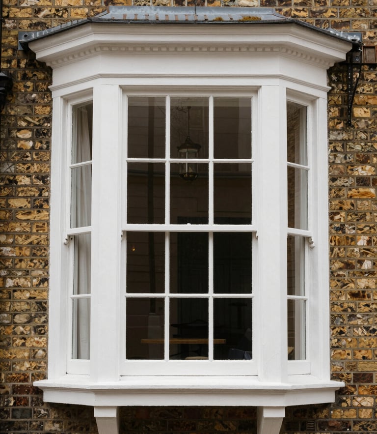 Straight-on architectural photograph of a restored Victorian bay window with white timber-alternative sash frames, soft natural overcast daylight, warm brick facade.
