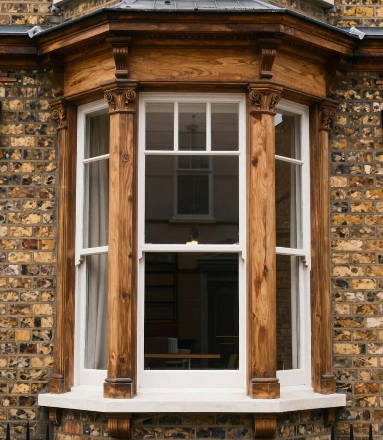 A straight-on architectural photograph of a classic Edwardian bay window with elegant timber sashes, framed by warm brickwork under soft overcast English daylight.