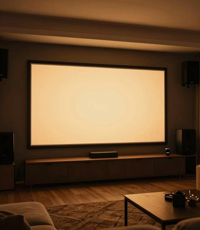 Cozy home theater setup with a glowing TV screen in a dimly lit living room, warm ambient projection light, rich saturated tones, cinematic photography, 35mm lens