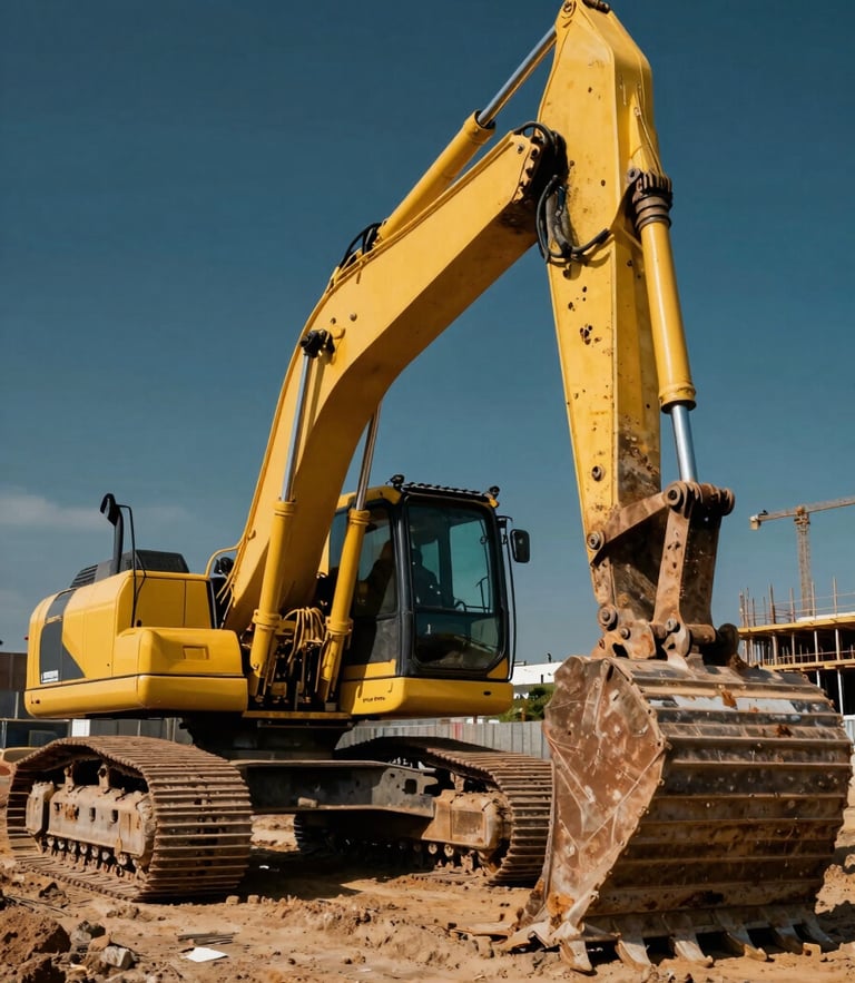 Low-angle heroic wide shot of a pristine yellow excavator working in a sun-drenched Lagos construction site, sharp focus, 35mm lens.