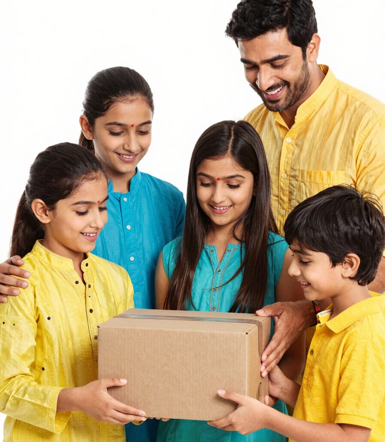 Bright studio portrait of a happy Pakistani family unboxing a delivery package together, warm expressions, crisp high-key lighting, vibrant colors