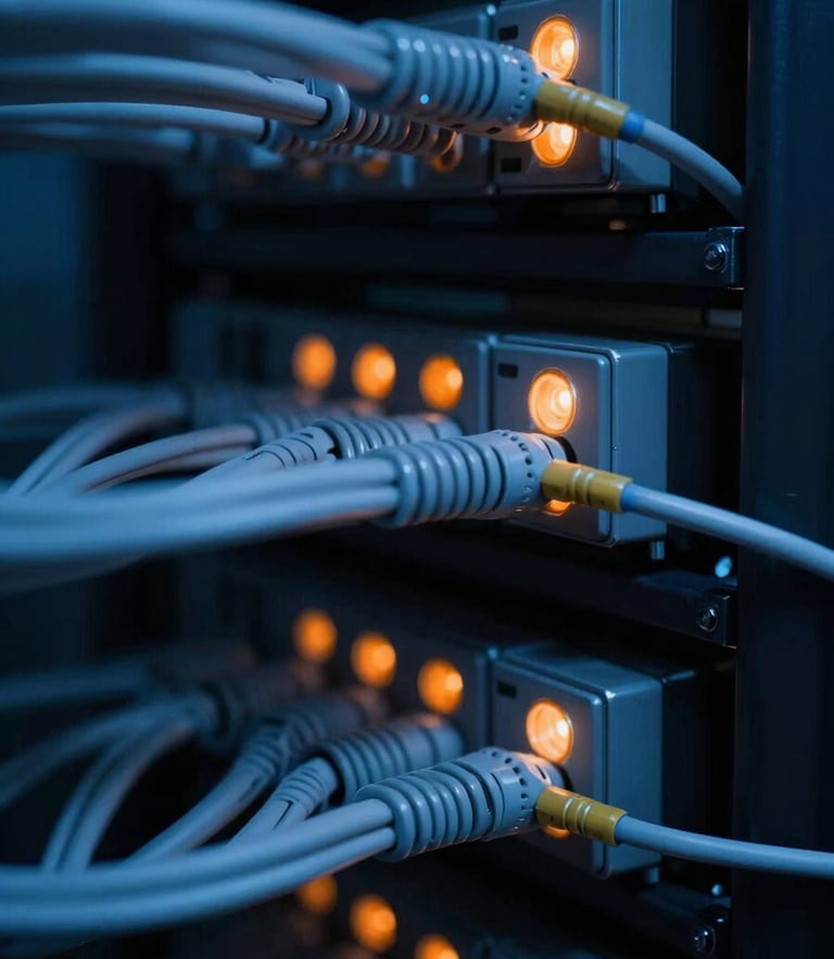 Macro close-up of clean server rack cabling with dramatic low-key blue shadows and sharp safety-orange indicator lights, 35mm photography