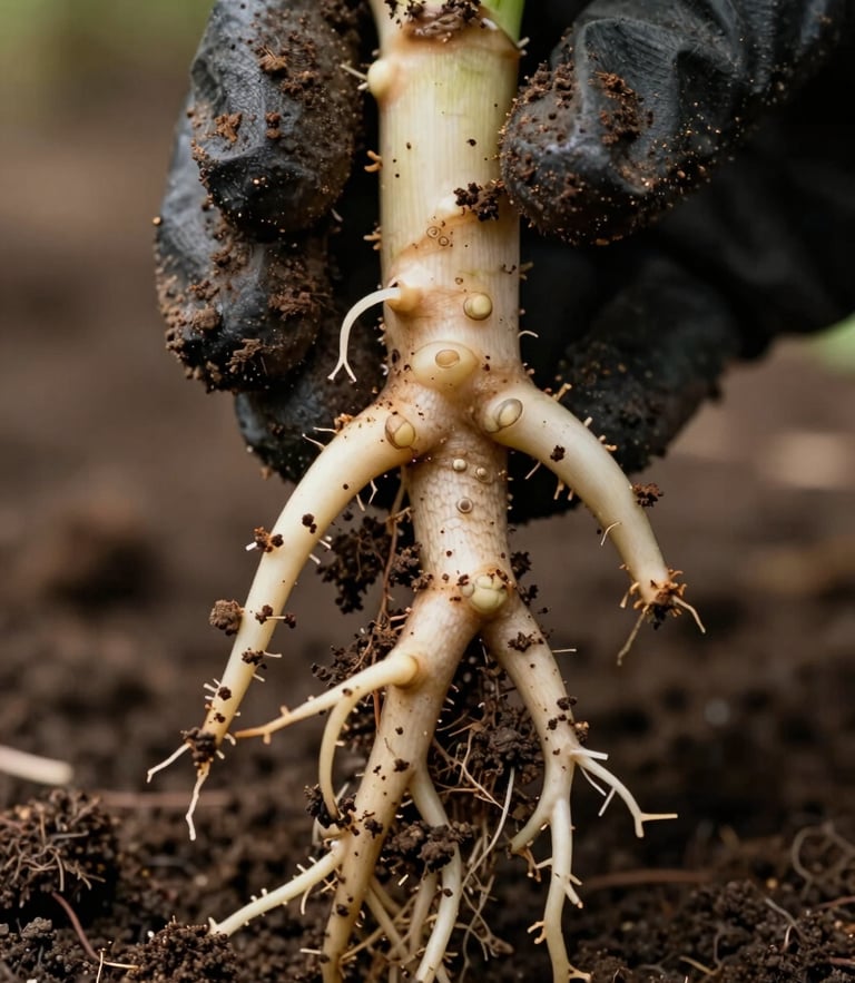 Extreme close-up of a strong, healthy crop root system with active biological nodules, held by gloved hands showing dark, rich, porous humus soil, natural daylight.