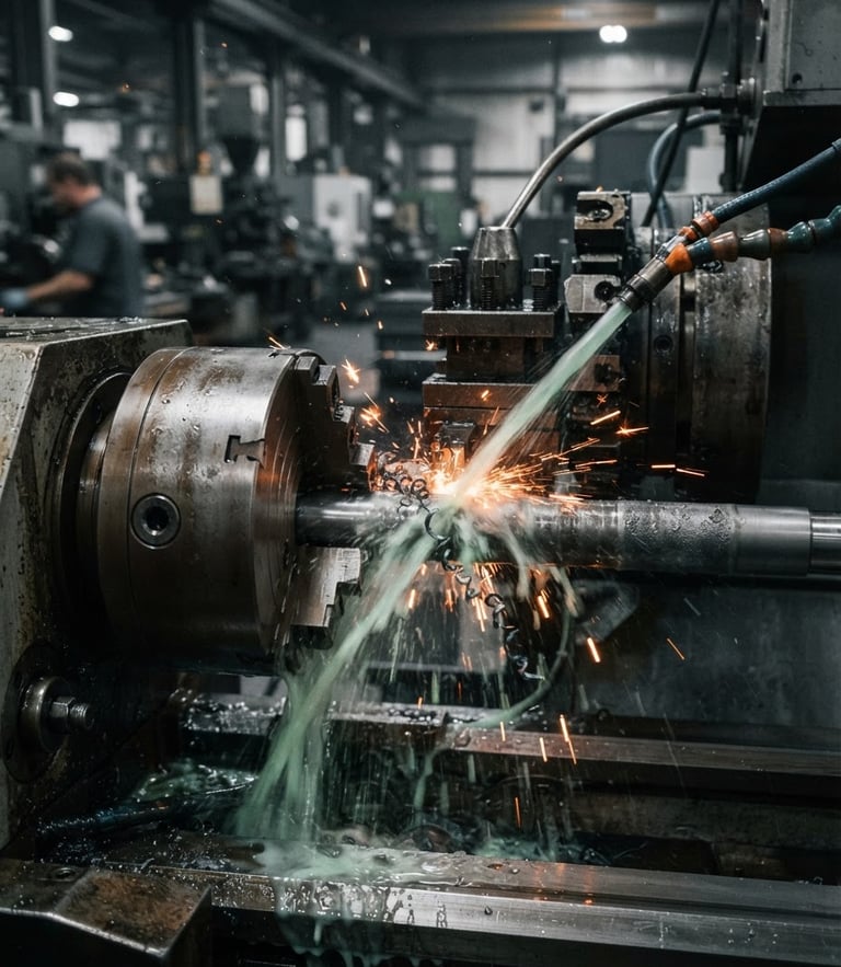 Close-up of a precision CNC lathe cutting steel with coolant spray, industrial documentary style, desaturated slate tones with safety orange sparks