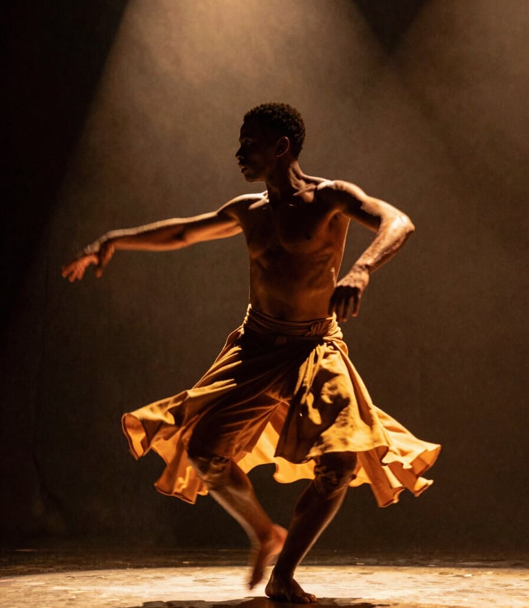 Warm editorial photography of a contemporary Afro-Brazilian dancer captured in mid-motion, dynamic motion blur, dramatic stage spotlighting, rich earthy and golden tones, 35mm film style.