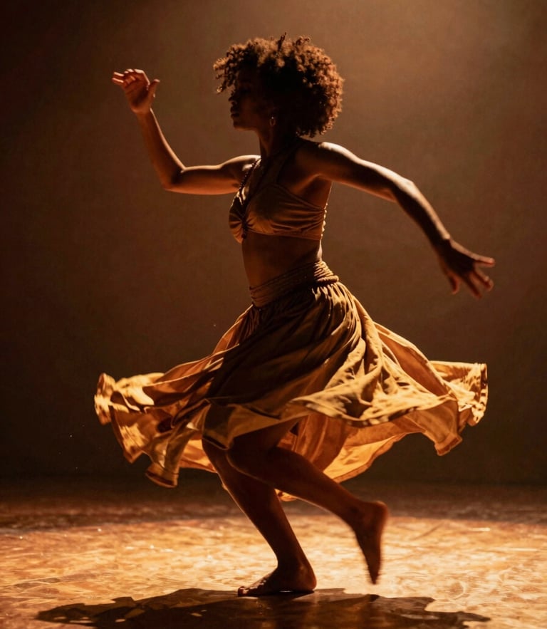 Dynamic Afro-Brazilian dancer in mid-motion, dramatic theatrical side-lighting, warm golden and terracotta tones, rich shadows, 35mm film style