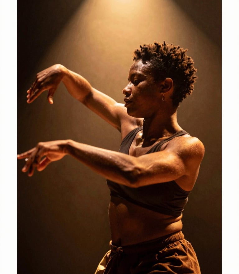 Dramatic side-lit portrait of Afro-Brazilian dancer Lú Silva, dynamic motion blur, warm golden spotlight, hands expressive, 35mm film