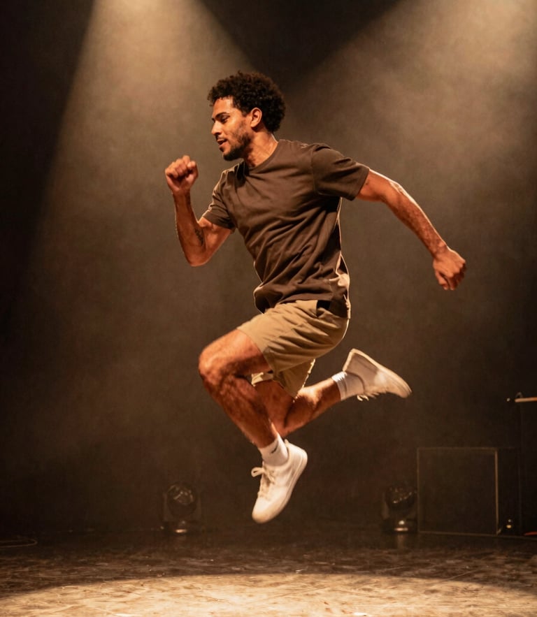 Dynamic action shot of Lú Silva in mid-motion, warm editorial photography, dramatic stage spotlighting, rich earthy and golden tones, dynamic motion blur, 35mm film