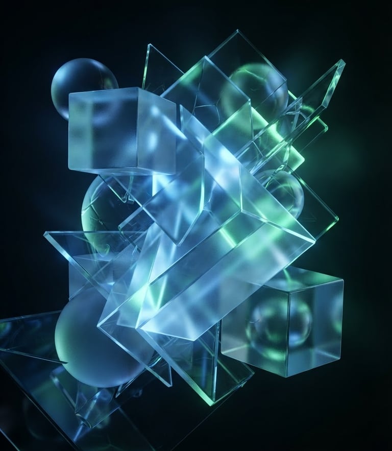 Sleek 3D render of abstract glassmorphic geometry, neon blue and green ambient light, ultra-minimalist dark backdrop.