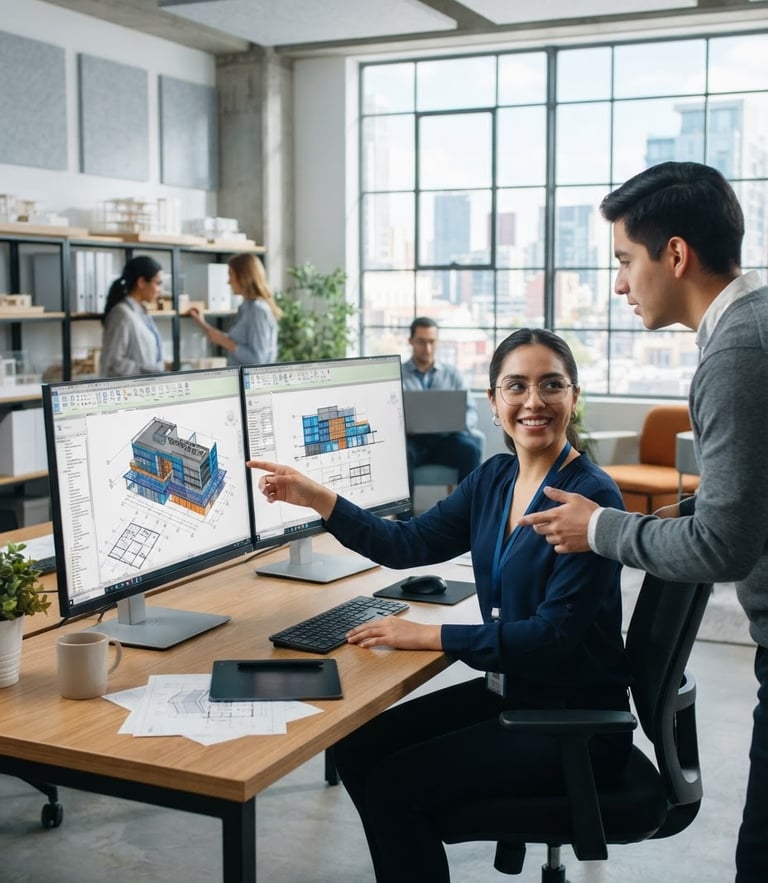 Crisp architectural photography, a young Mexican female engineer in a bright modern studio collaborating over a dual-monitor setup showing a complex Revit 3D model, clean technical blue and orange tones, sharp focus.