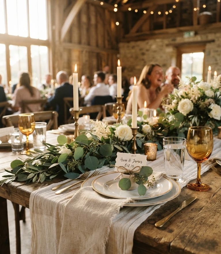 Warm editorial photography of a beautifully styled barn wedding table setting, wild eucalyptus, soft linen, glowing candlelight, golden hour natural light, shallow depth of field