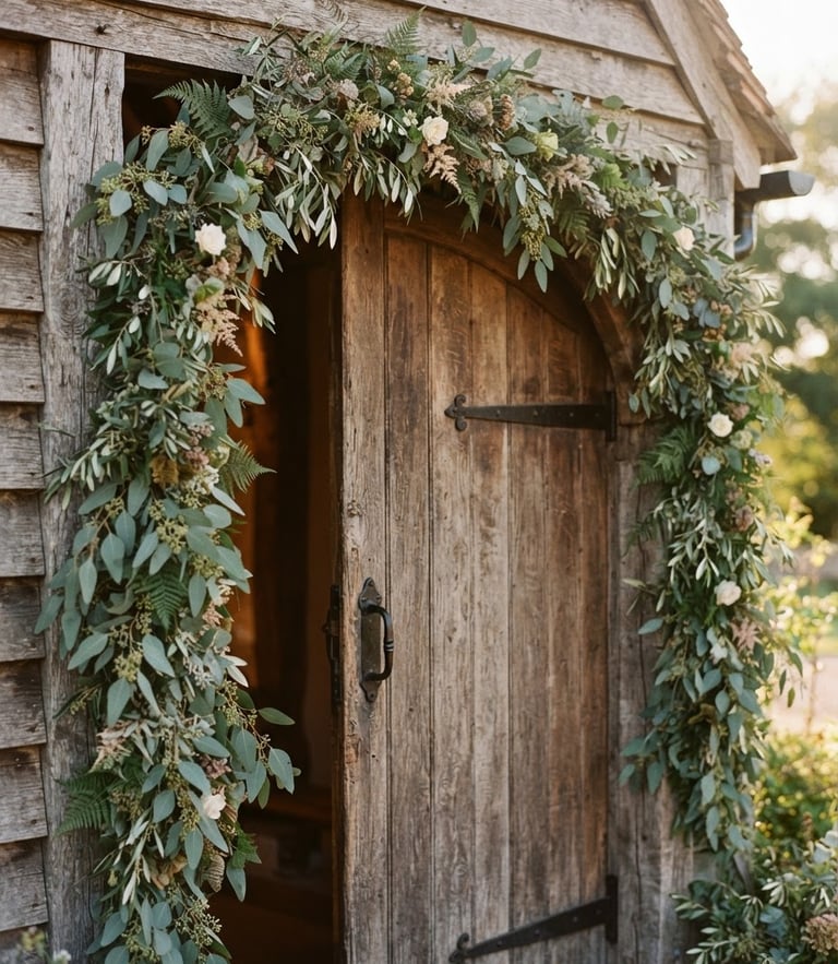 An elegant close-up of a rustic timber barn entrance framed by wild eucalyptus garlands in soft golden daylight, editorial style, 35mm.
