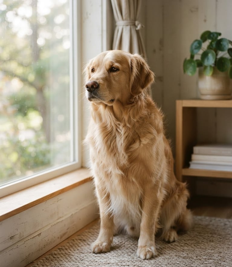 Warm minimalist portrait of a healthy Golden Retriever sitting calmly by a sunlit window, soft natural light, shallow depth of field, 35mm