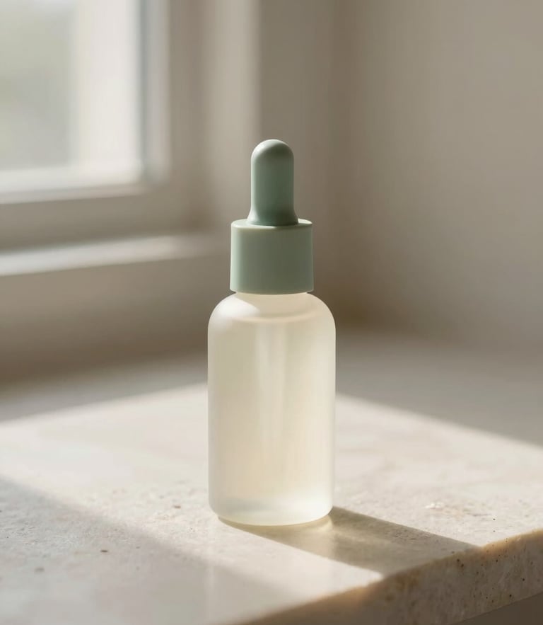 Minimalist beauty bottle on a smooth stone surface, soft natural window light, warm alabaster and muted sage tones, macro depth of field