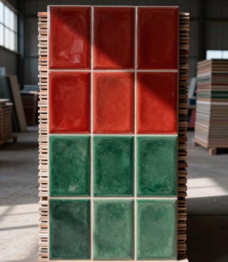 Straight-on architectural shot of stacked premium ceramic tiles in a clean, industrial factory setting, sharp shadows, high-contrast daylight, 35mm