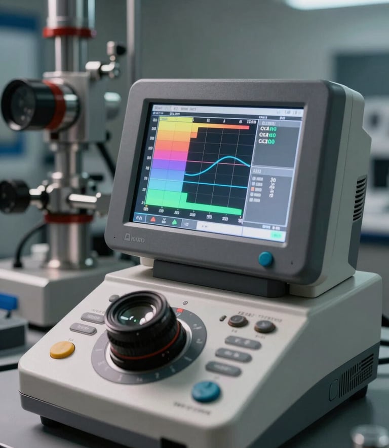 Close-up of a digital spectrophotometer screen displaying color calibration curves, high-contrast industrial laboratory lighting, metallic instruments.