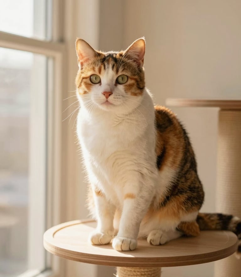 A beautiful calico cat sitting elegantly on a minimalist wooden cat tree, warm golden-hour window light, soft pastel cream background, editorial photography, 35mm