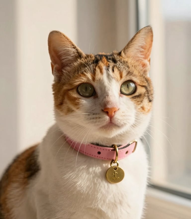 A close-up of a beautiful calico cat wearing a custom pink leather collar with a small brass nameplate, soft golden-hour window light, warm editorial style, 35mm