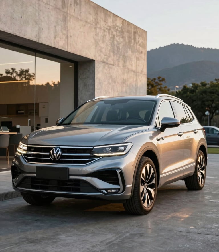 Low-angle heroic front quarter of a brand-new 2026 Volkswagen SUV parked in front of a minimalist concrete showroom in Buenos Aires, sharp daylight reflections, 35mm