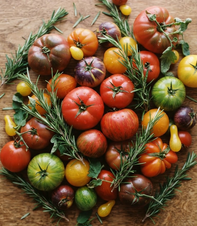 Overhead flat-lay of fresh heirloom tomatoes and rosemary on a wooden table, soft diffused natural daylight, rich crimson and forest green tones, shallow depth of field, 35mm