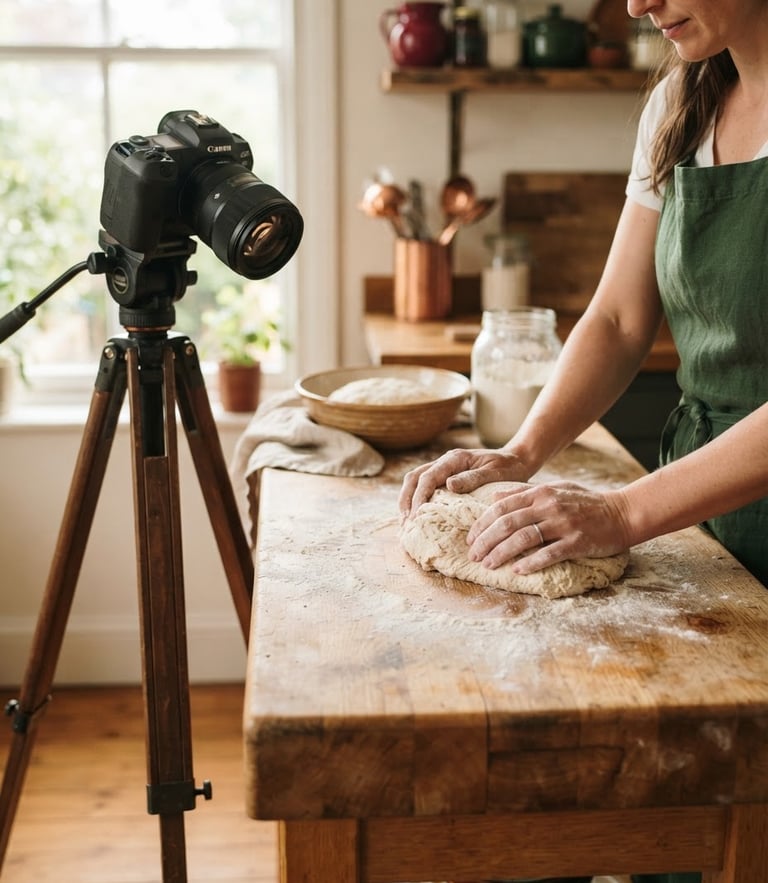 A professional camera setup on a wooden tripod in a warm, sunlit kitchen, focusing on hands kneading rustic sourdough bread, soft natural side-light, rich timber tones