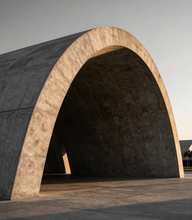 Wide-angle architectural elevation of a monolithic concrete arch structure at golden hour, sharp shadows, premium architectural photography