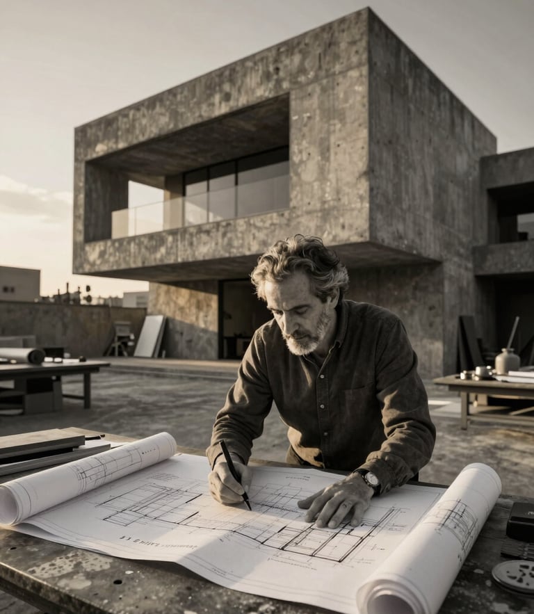 Architectural portrait of Luis Carlos Montferrand analyzing blueprints in a concrete studio, dramatic golden hour light, high-contrast monochrome with warm undertones