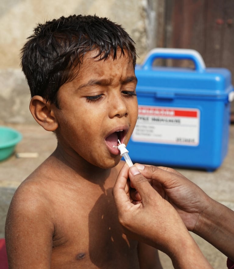 A close-up documentary photograph of a child receiving oral polio drops under warm, natural sunlight, with the iconic blue vaccine carrier box visible in the soft-focus background.