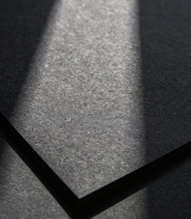 Extreme close-up of tactile printed stationery on heavy textured charcoal paper stock, casting long dramatic shadows under harsh natural light