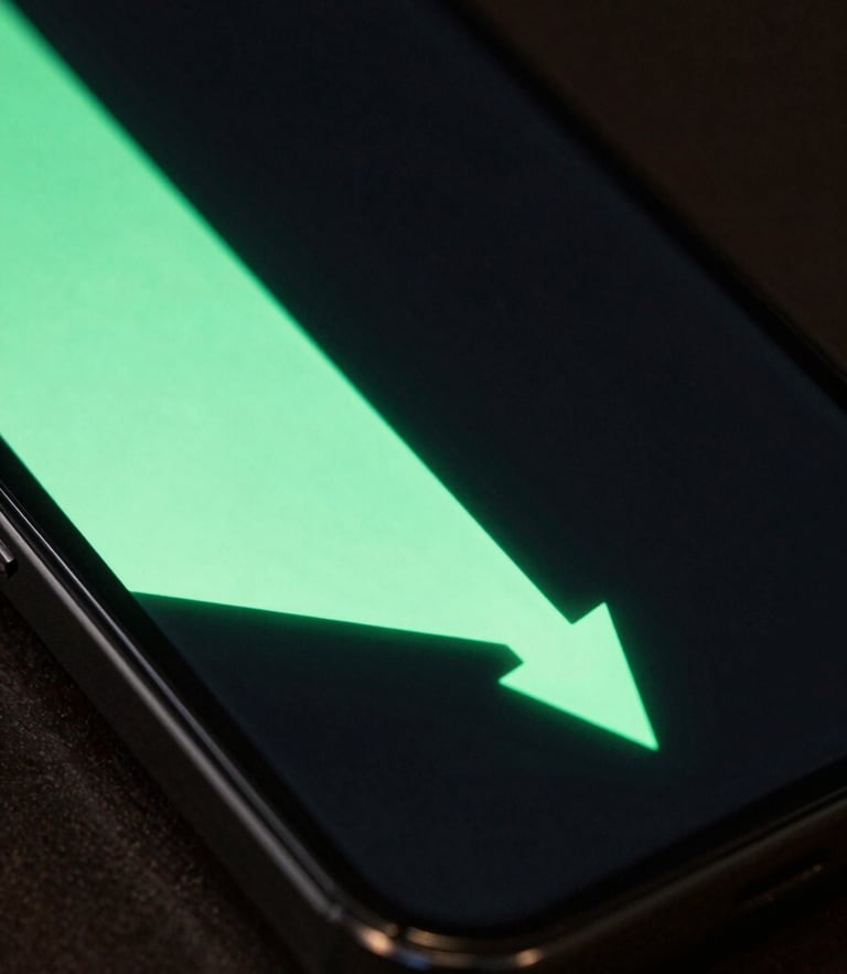 Extreme close-up of a smartphone screen showing a glowing progress graph with a sharp diagonal drop, cast in high-contrast mint green light and deep shadows.