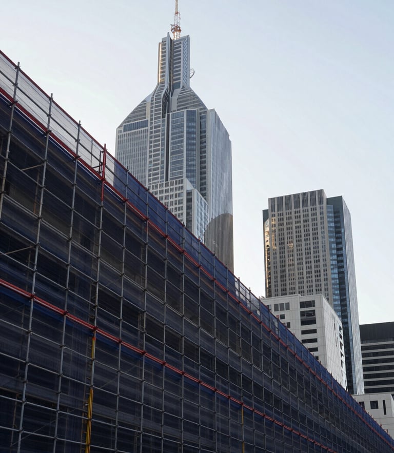 Low-angle architectural perspective of structural scaffolding lines against the Melbourne skyline, crisp morning daylight, desaturated navy and concrete tones, sharp red accents, wide-angle lens