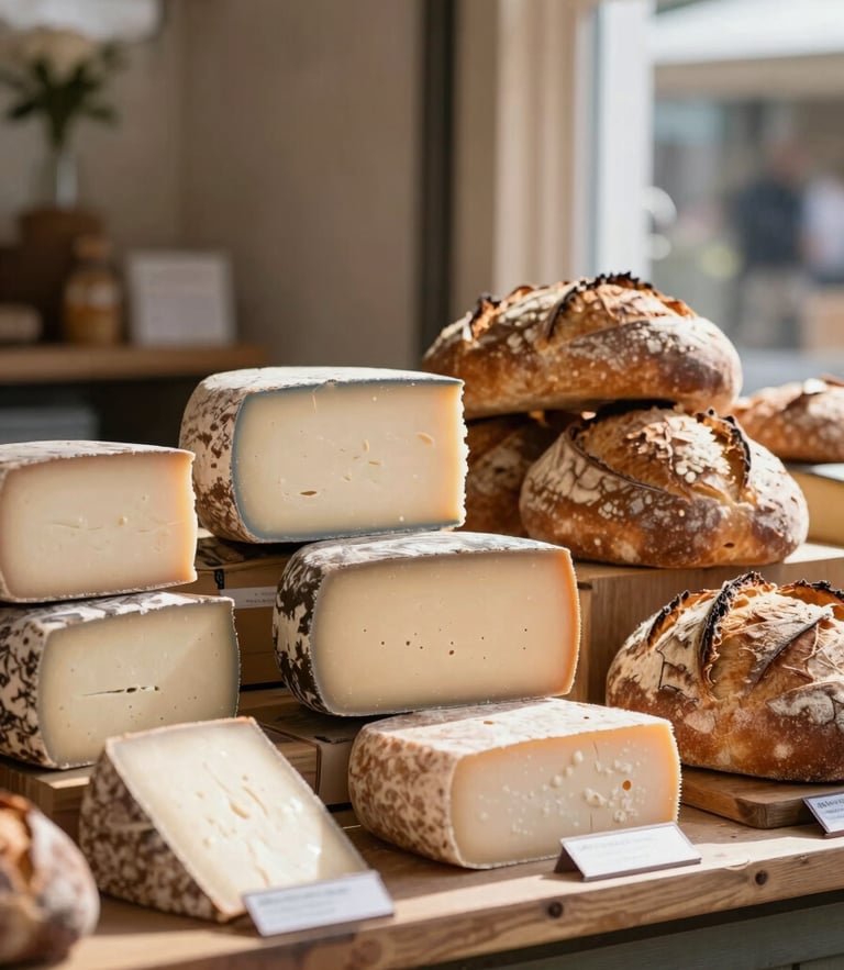Cozy Scandinavian-style market stall with artisanal cheeses and fresh sourdough bread on display, natural diffused window daylight, soft shadows.