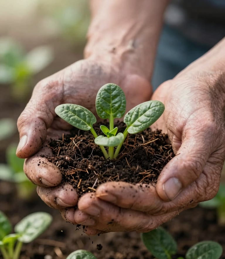 Close-up portrait of weathered hands gently cradling dark, rich soil with tiny green organic heirloom spinach sprouts, diffused Scandinavian morning light, soft shadows, shallow depth of field.