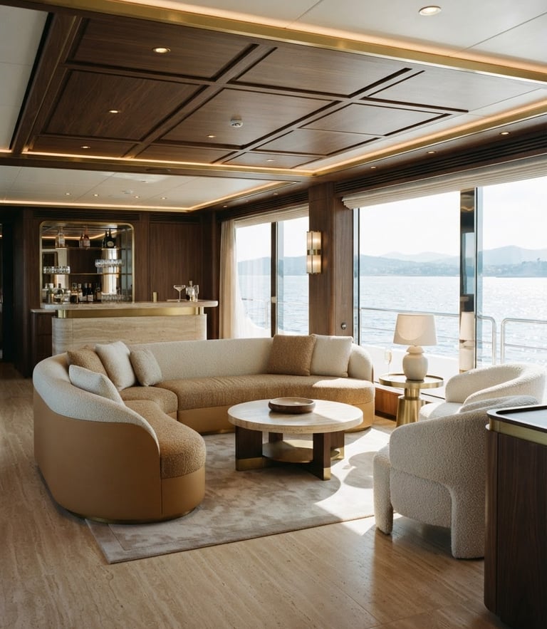 Elegant architectural interior of a luxury yacht saloon, warm travertine and brushed brass details, soft natural daylight through large windows, 35mm photography