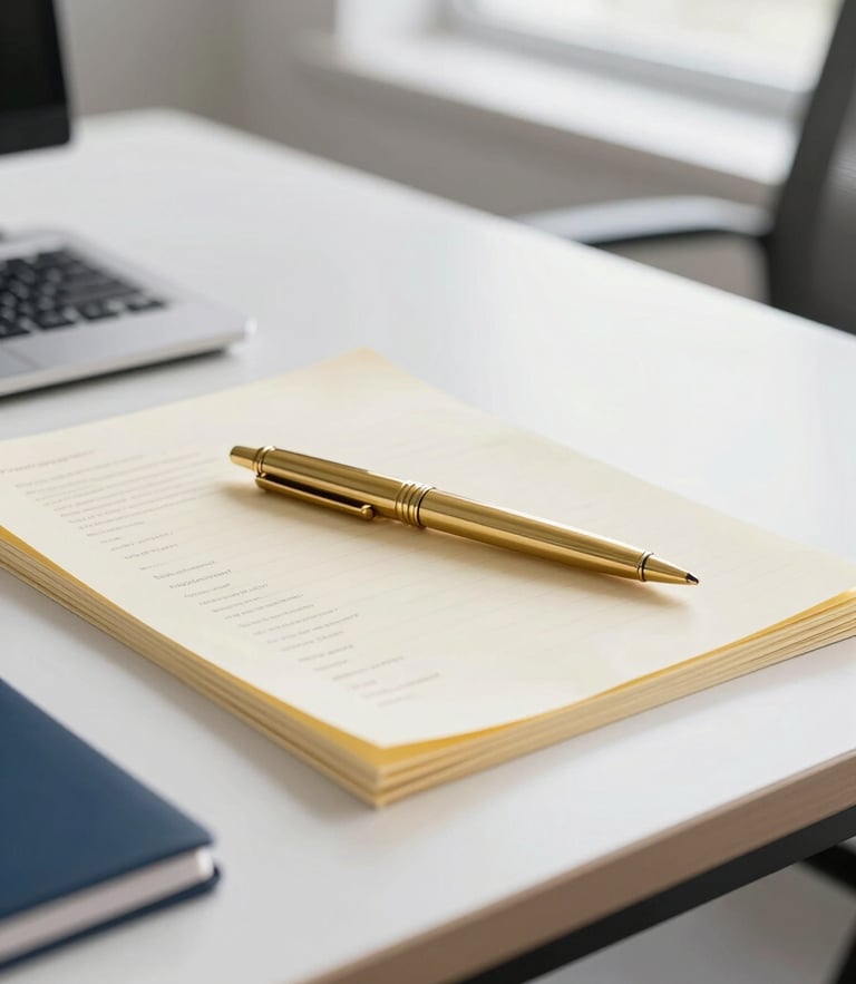 A bright modern Indian office desk, a high-quality brass pen resting on organized cream-colored tax documents, soft window light, professional 35mm photography