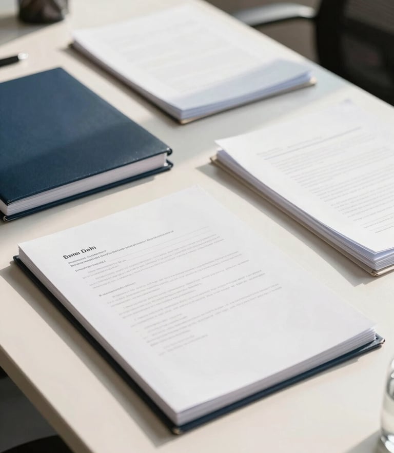 A clean, bright New Delhi workspace with sunlight streaming onto organized paper documents, professional navy and cream tones, 35mm