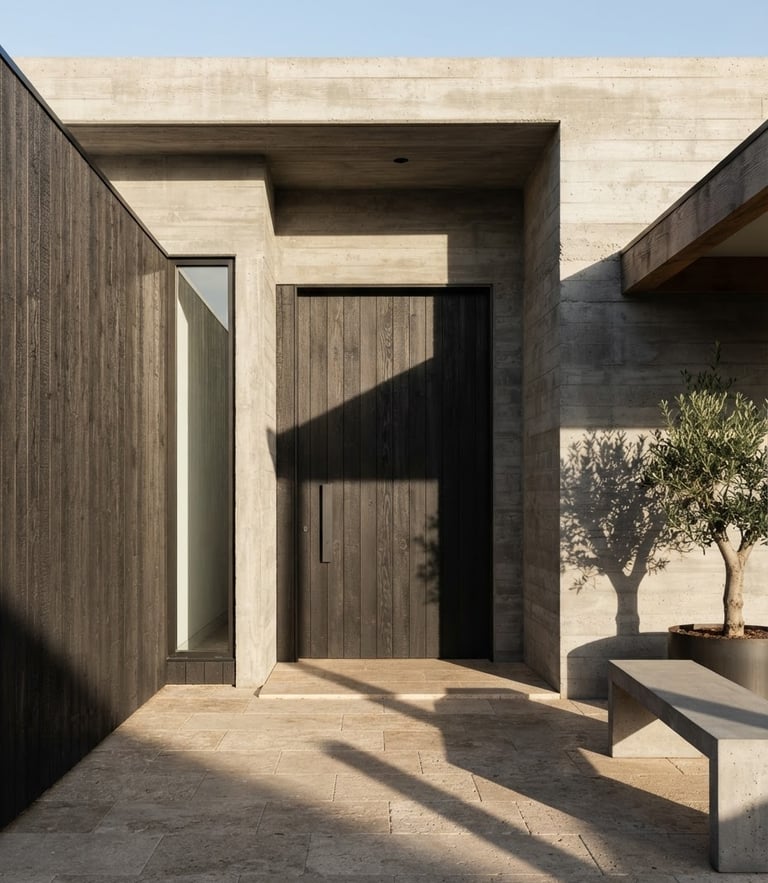 Straight-on architectural elevation of a minimalist concrete and timber entryway, natural side-lighting casting long shadows, warm stone and charcoal tones, Hasselblad medium format.