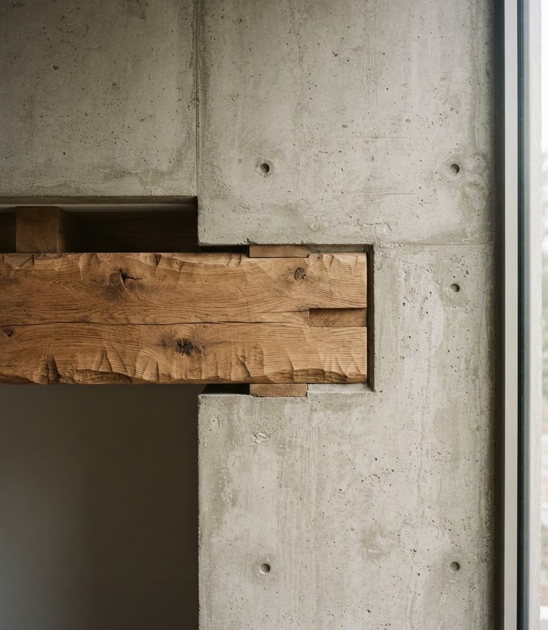 Straight-on architectural elevation of a minimalist concrete wall meeting a hand-carved oak beam, natural side-lighting casting soft shadows, Hasselblad medium format.