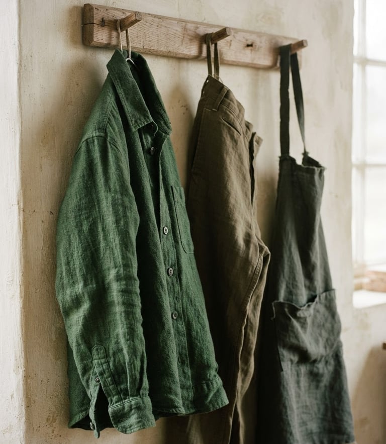 Close-up of textured heavyweight linen garments hanging on simple wooden pegs, soft overcast daylight, muted forest green tones, 35mm film grain