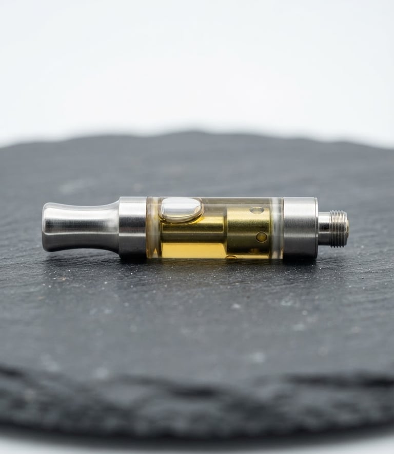 A minimalist vape cartridge resting on a clean slate surface, crisp studio product photography, bright high-key lighting, macro lens focus