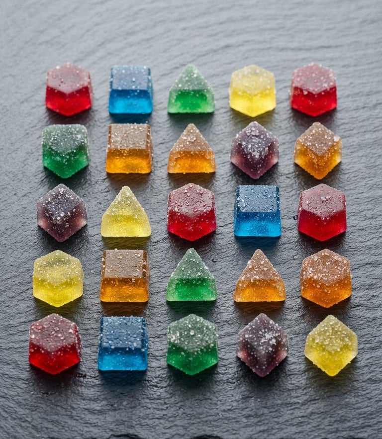 A close-up shot of precisely cut geometric edible gummies on a clean slate surface, high-key clinical studio lighting, sharp focus