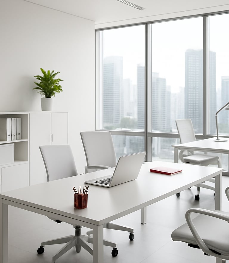 Bright minimalist corporate office in São Paulo, sharp architectural lines, soft natural daylight, silver accents, high-end professional atmosphere, 35mm