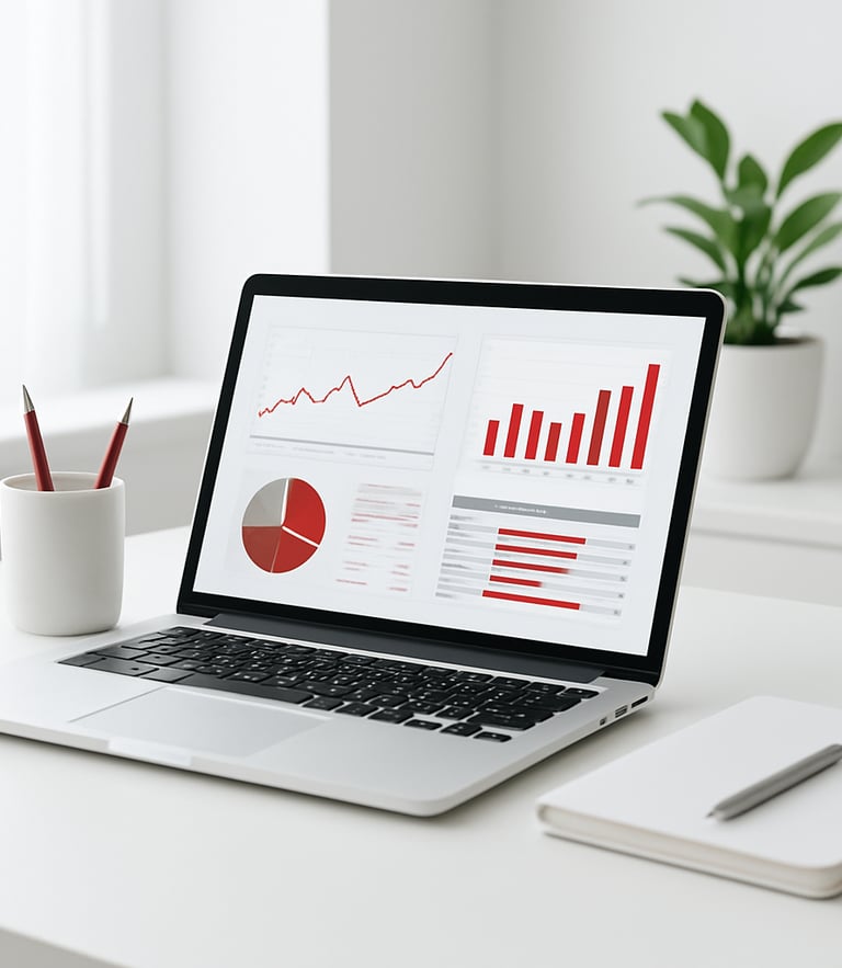Bright minimalist photography of a modern white workspace, sleek silver laptop displaying clean financial dashboards, soft natural daylight, sharp focus, 35mm