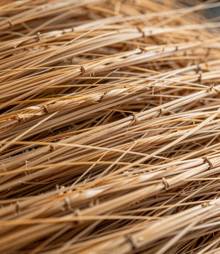 Macro shot of high-tensile coir fiber showing dry, golden-brown consistency and uniform texture under bright industrial daylight.