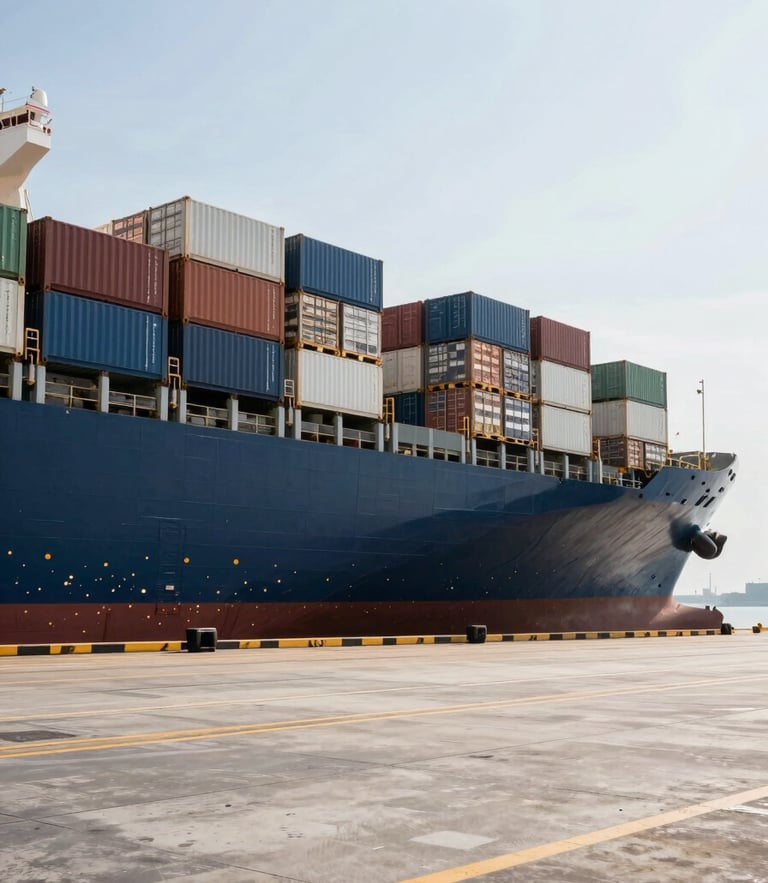 Wide-angle shot of a clean, modern container loading dock at a port, a cargo ship being loaded with standardized pallets under bright, high-contrast daylight, maritime-industrial aesthetic.
