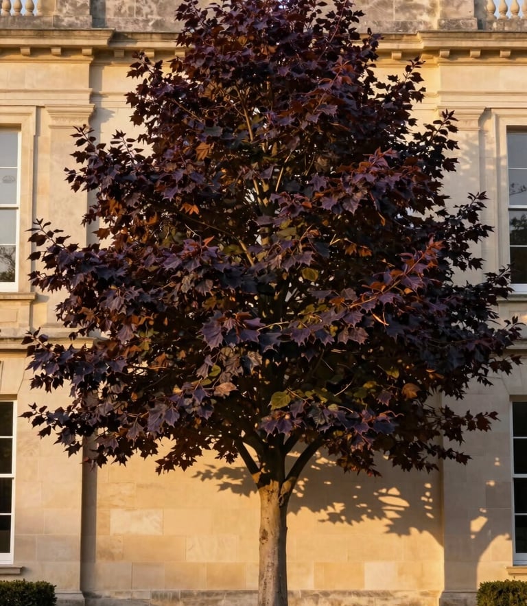 A tall, mature specimen European Beech tree with deep purple-bronze leaves, framed against a clean limestone estate wall, soft golden hour light, architectural shadows, 35mm photography