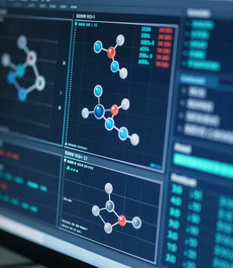 Macro shot of a biotech interface displaying complex data plots and molecular structures, cool clinical lighting, deep blue and turquoise accents, sharp focus, 35mm