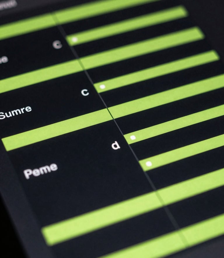 Extreme close-up of a high-contrast dark UI design mockup, showing precise typography grids and sharp acid-green highlights, low-key screen glow lighting.